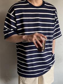 DAZY Hombres Camiseta con estampado de rayas - Azul Marino - Ver 4