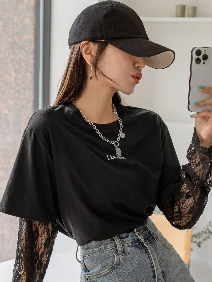 DAZY Letter Graphic Contrast Lace 2 In 1 Tee - Black - View 1