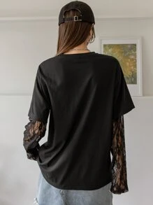 DAZY Letter Graphic Contrast Lace 2 In 1 Tee - Black - View 2