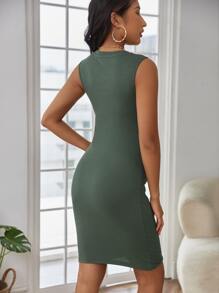 SHEIN Maternity Twist Front Rib-knit Tank Dress - Dark Green - View 3