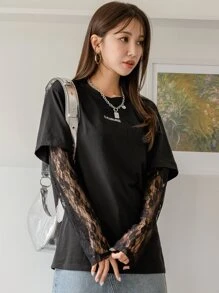 DAZY Letter Graphic Contrast Lace 2 In 1 Tee - Black - View 3