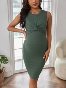 SHEIN Maternity Twist Front Rib-knit Tank Dress - Dark Green - View 5