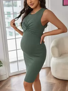 SHEIN Maternity Twist Front Rib-knit Tank Dress - Dark Green - View 6