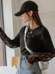 DAZY Letter Graphic Contrast Lace 2 In 1 Tee - Black - View 5