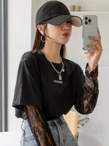 DAZY Letter Graphic Contrast Lace 2 In 1 Tee - Black - View 6
