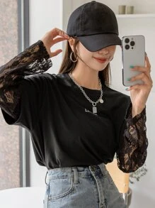 DAZY Letter Graphic Contrast Lace 2 In 1 Tee - Black - View 8