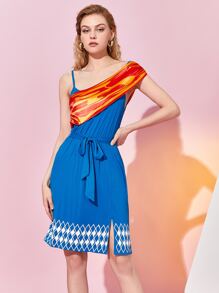 MARKCHERCY EMPIRE 撞色腰帶下擺開叉吊帶連衣裙 - 藍色 - 查看 1