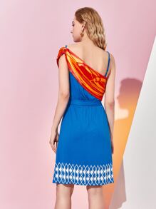 MARKCHERCY EMPIRE 撞色腰帶下擺開叉吊帶連衣裙 - 藍色 - 查看 2