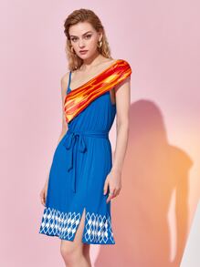 MARKCHERCY EMPIRE 撞色腰帶下擺開叉吊帶連衣裙 - 藍色 - 查看 4