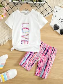 SHEIN 小女童字母圖案T恤和幾何印花騎行褲