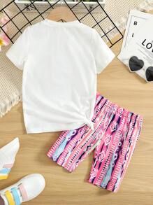 SHEIN 小女童字母圖案T恤和幾何印花騎行褲
