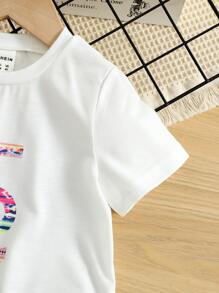 SHEIN 小女童字母圖案T恤和幾何印花騎行褲