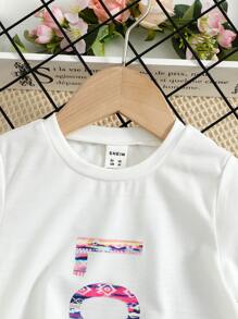 SHEIN 小女童字母圖案T恤和幾何印花騎行褲