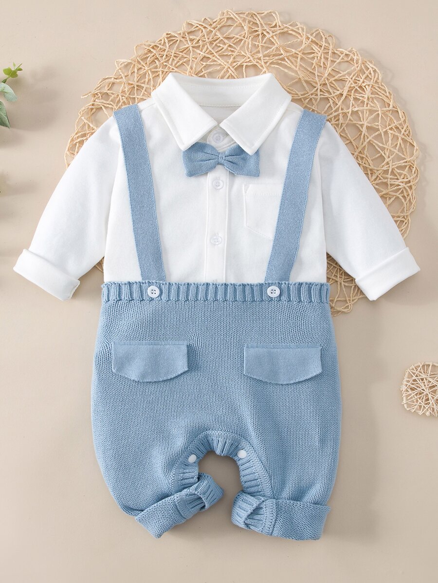 男嬰補丁貼口袋襯衫和針織背帶褲和領結