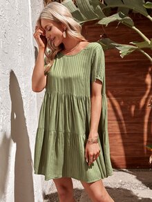 Tied Backless Striped Smock Dress - Lime Green - View 3