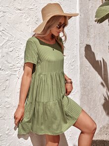 Tied Backless Striped Smock Dress - Lime Green - View 5