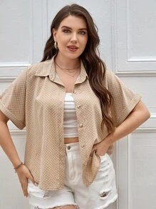 Plus Polka Dot Button Front Shirt - Apricot - View 1