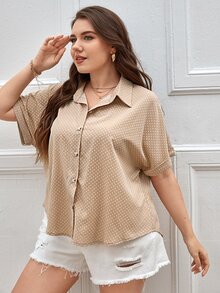 Plus Polka Dot Button Front Shirt - Apricot - View 5