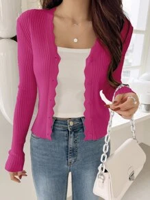 DAZY Scallop Trim Ribbed Knit Cardigan - Hot Pink - View 1