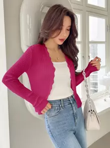 DAZY Scallop Trim Ribbed Knit Cardigan - Hot Pink - View 3