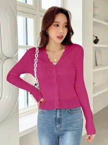 DAZY Scallop Trim Ribbed Knit Cardigan - Hot Pink - View 4