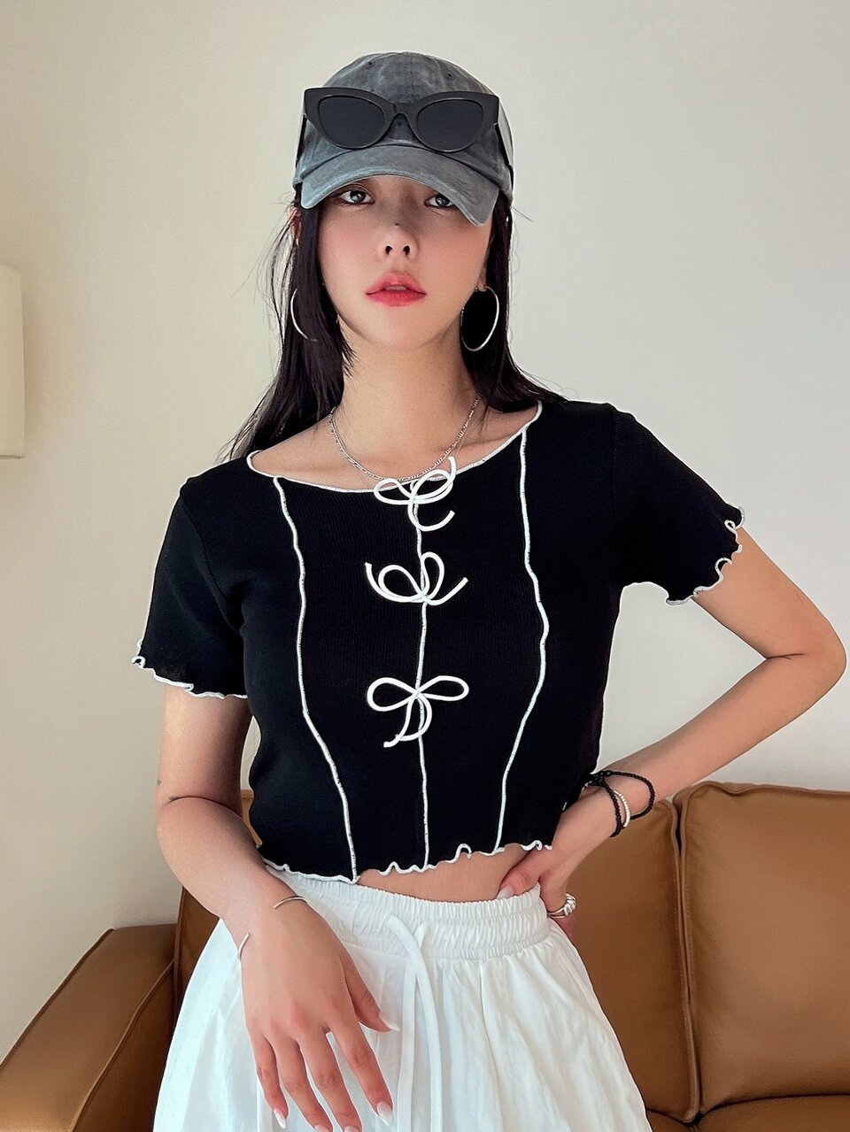 Top-stitching Bow Front Lettuce Trim Knit Top