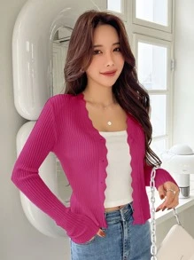 DAZY Scallop Trim Ribbed Knit Cardigan - Hot Pink - View 8