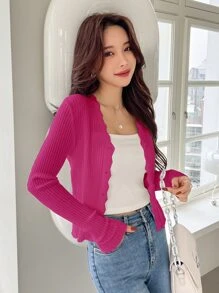 DAZY Scallop Trim Ribbed Knit Cardigan - Hot Pink - View 9