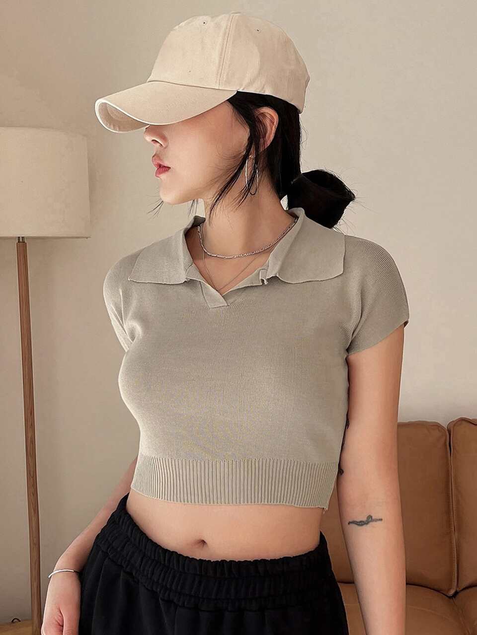 Polo Neck Rib-knit Crop Sweater Vest