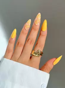 用 24 片长杏仁黄纯色花卉图案假指甲、1 件指甲锉和 1 片胶带改变你的指甲 美甲用品 美甲 - 黃色 - 查看 1