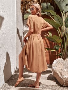 蝙蝠袖假鈕扣高衩洋裝 - 棕色 - 查看 4