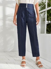 High Waist Slant Pockets Tapered Trousers - Navy Blue - View 1