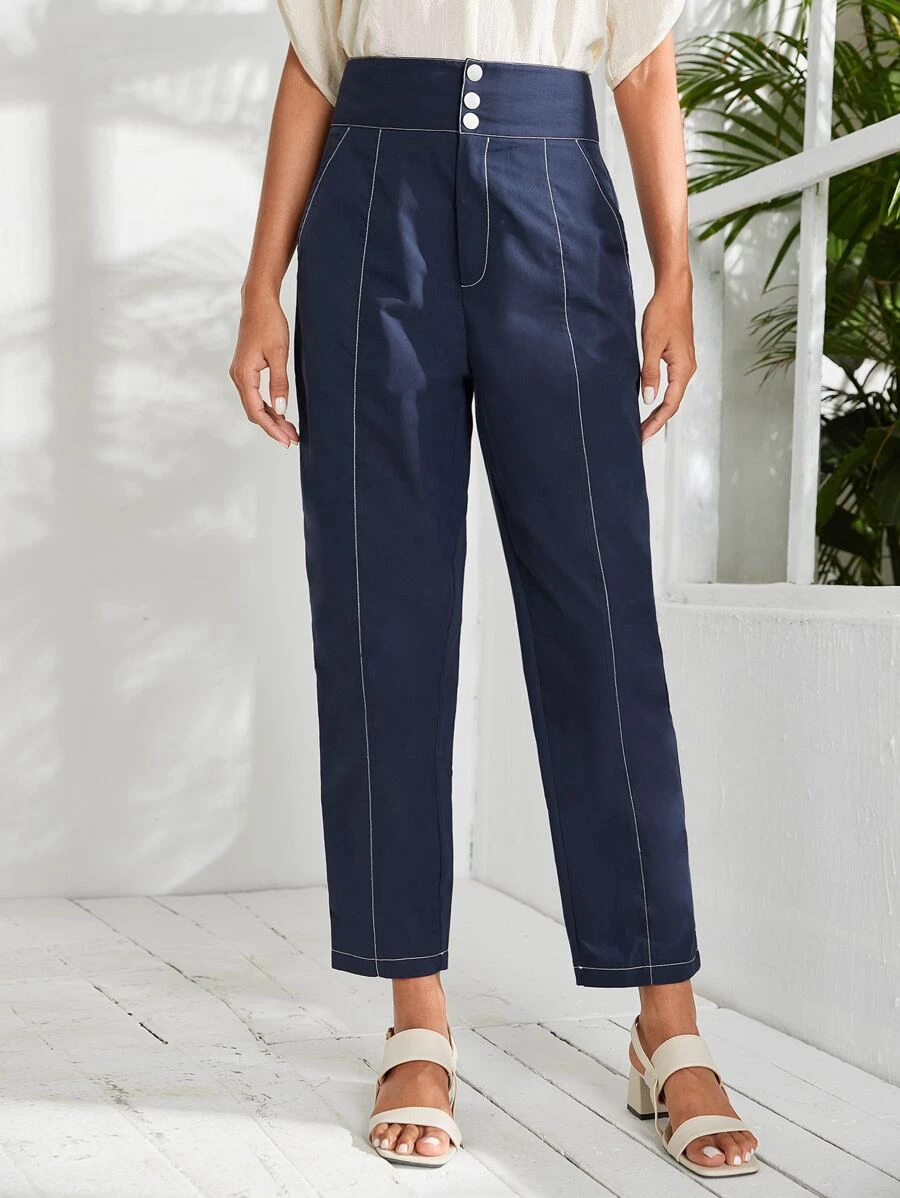 High Waist Slant Pockets Tapered Trousers - Navy Blue - View 1