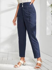 High Waist Slant Pockets Tapered Trousers - Navy Blue - View 3