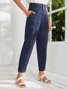 High Waist Slant Pockets Tapered Trousers - Navy Blue - View 5