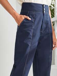 High Waist Slant Pockets Tapered Trousers - Navy Blue - View 6