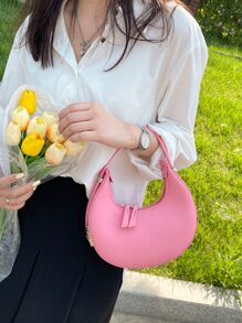 经典时尚迷你单肩包创意个性化纯色新月包多功能优雅异国风轻便可调节肩带手提包适合街头拍摄、聚会、工作通勤、外出购物。 - 粉色 - 查看 2