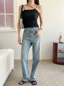 DAZY Asymmetrical Neck Rib-knit Cami Top