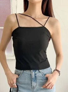 DAZY Asymmetrical Neck Rib-knit Cami Top