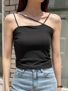 DAZY Asymmetrical Neck Rib-knit Cami Top