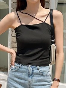 DAZY Asymmetrical Neck Rib-knit Cami Top
