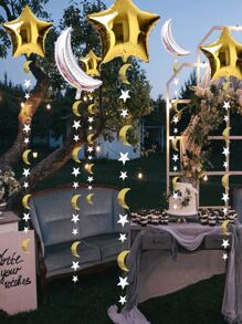 1pc Moon & Star Hanging Paper Garland, Paper Pull Flag For Party Decor - Multicolor - View 1