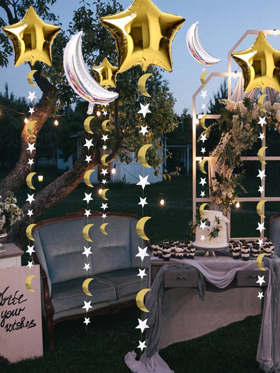 1pc Moon & Star Hanging Paper Garland, Paper Pull Flag For Party Decor - Multicolor - View 1
