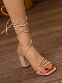 女士極簡腿部繫帶設計粗跟條帶優雅夏天高跟涼鞋 - 杏色 - 查看 6