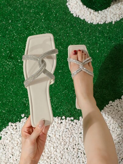 Women Rhinestone Decor Slide Sandals, Fashionable Open Toe Flat Sandals
