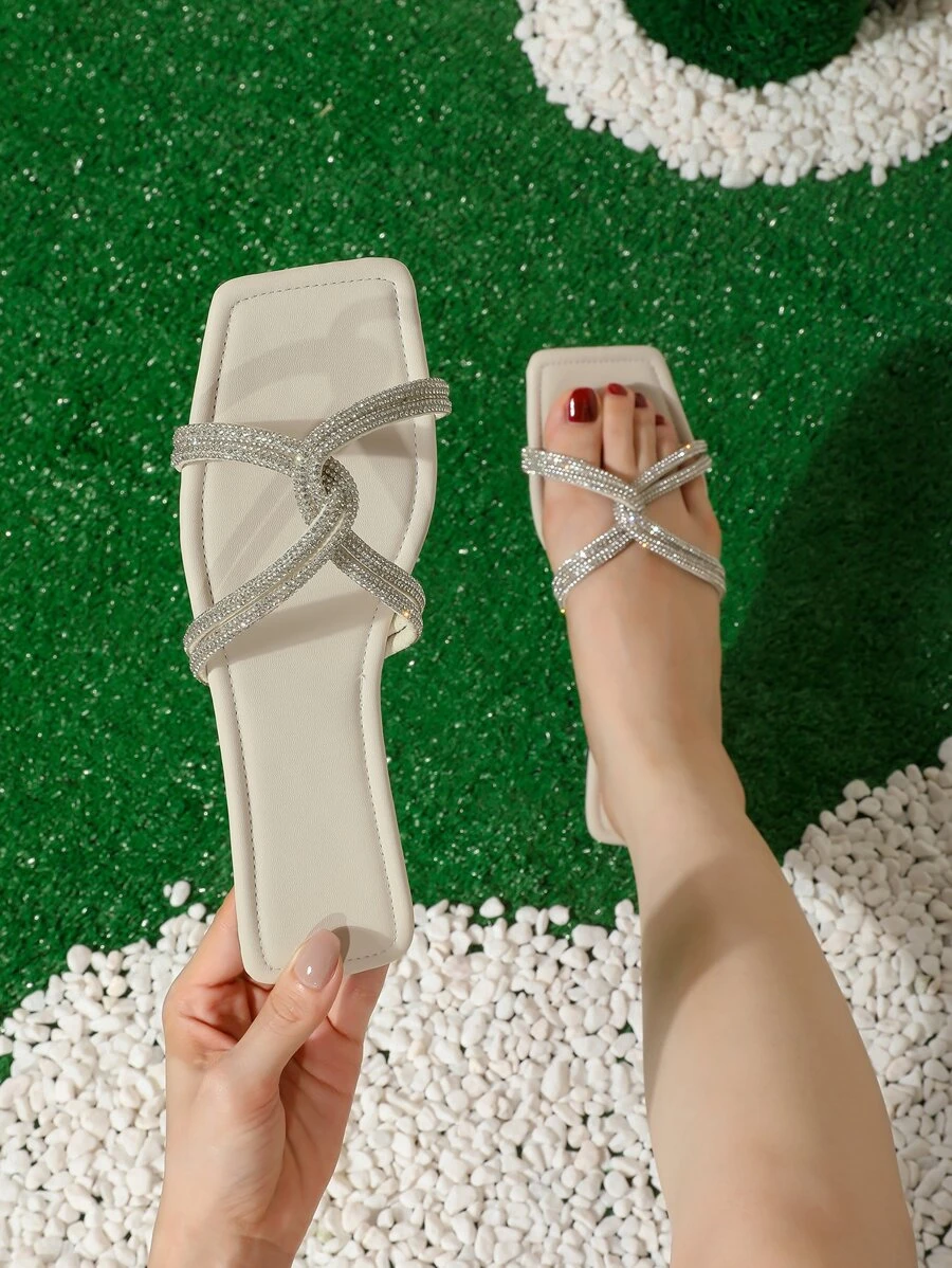Women Rhinestone Decor Slide Sandals, Fashionable Open Toe Flat Sandals,Spring Summer Outfits - Apricot - View 1