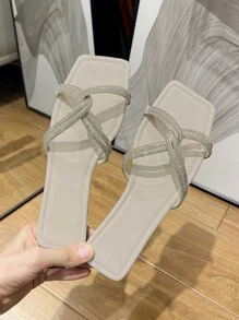 Women Rhinestone Decor Slide Sandals, Fashionable Open Toe Flat Sandals,Spring Summer Outfits - Apricot - View 3