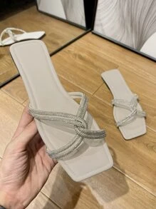 Women Rhinestone Decor Slide Sandals, Fashionable Open Toe Flat Sandals,Spring Summer Outfits - Apricot - View 4