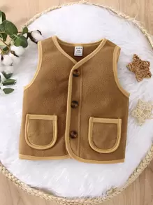 Baby Contrast Binding Dual Pocket Fleece Vest Jacket - Camel - View 1