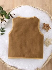Baby Contrast Binding Dual Pocket Fleece Vest Jacket - Camel - View 2